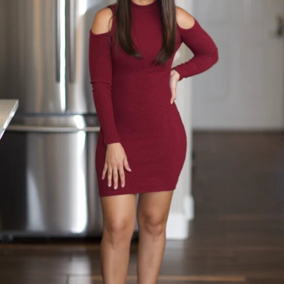 Sabrina Cold Shoulder Mock Neck Mini Dress - Burgundy - Picture 2 of 3